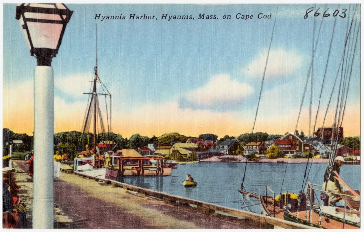 Hyannis Harbor with sailboats - the ferry terminals are located along this classic Cape Cod waterfront